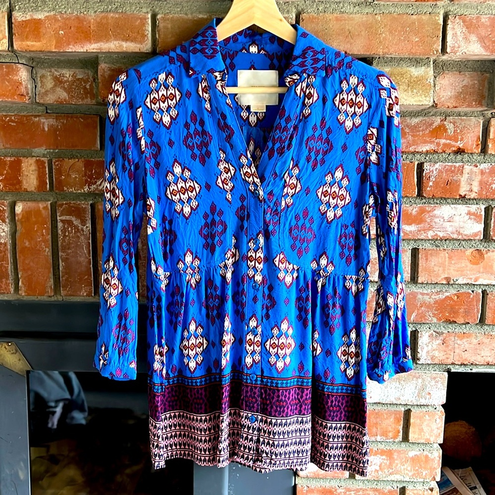 Anthropologie Maeve Women Top Sz 4 Blue Purple Aztec Tribal Button Down Bohemian